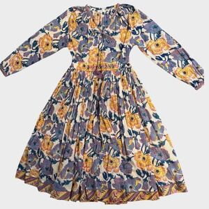 Dori Floral Poppy Print Cotton Boho Midi Dress Purple Yellow Cottagecore L/XL